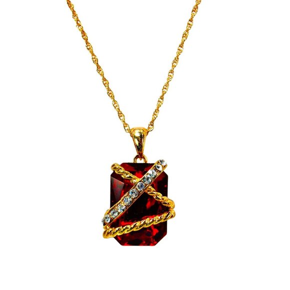 Sparkling Red Rectangle Crystal Pendant Necklace and Matching Earring Set - Picture 3 of 9